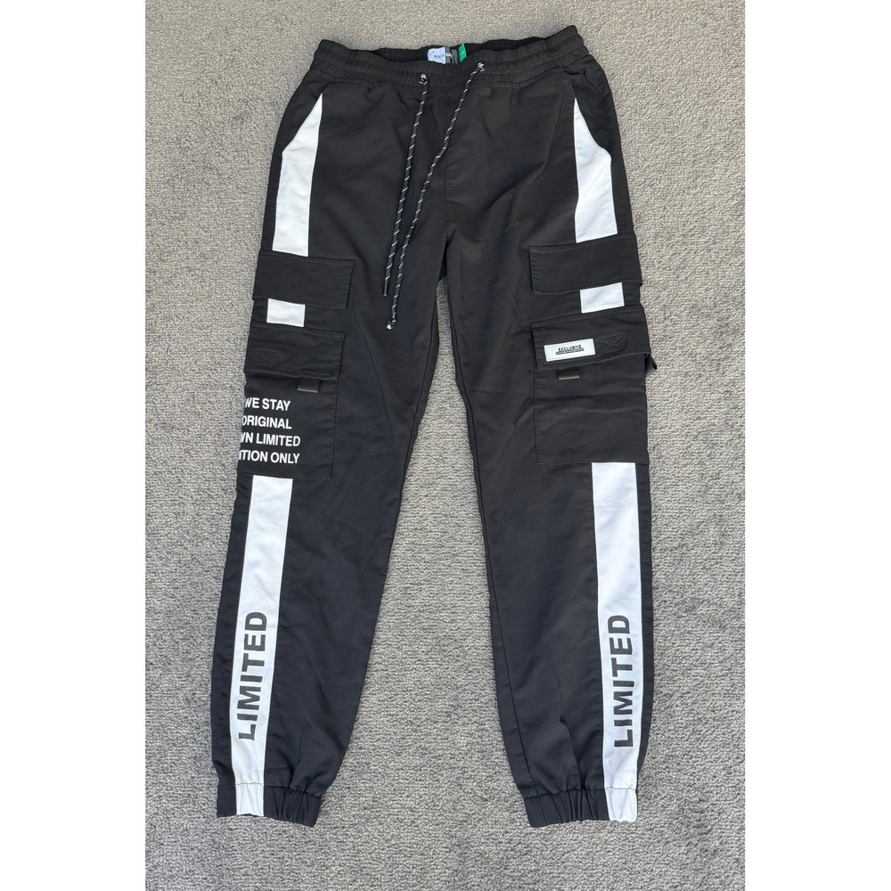 Rock Salt Mens Black White Stripe Cargo Jogger Pants Graphic Streetwear Size L